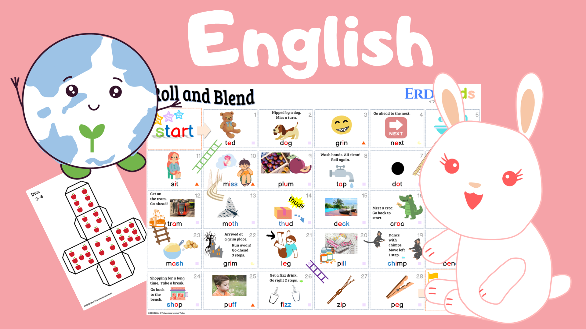 Free Printable 英語 フォニックスすごろく English Phonics Roll And Blend Erdekids イアードキッズ モンテッソーリ式のsteam教育 おうち英語 中国語教材教具と教育情報